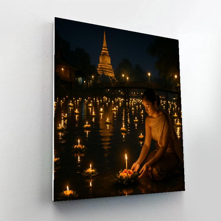 Thai Loy Krathong Candle Floats On River Number painting