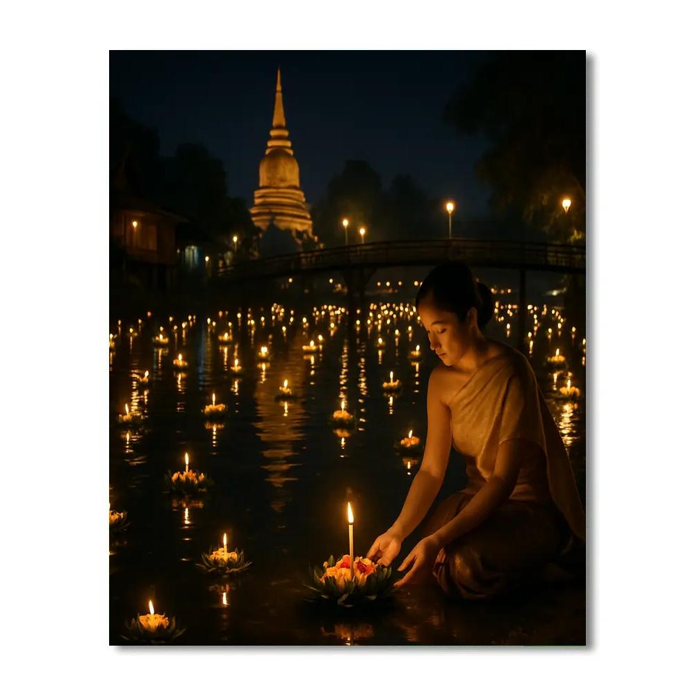 Thai Loy Krathong Candle Floats On River Number painting