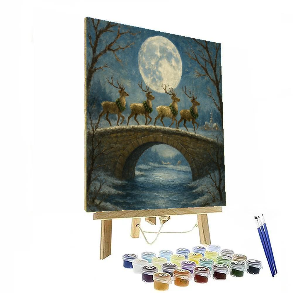 Reindeer Crossing Moonlit Bridge Paint by numbers art