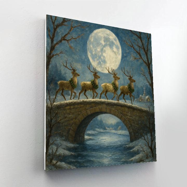 Reindeer Crossing Moonlit Bridge Paint by numbers art