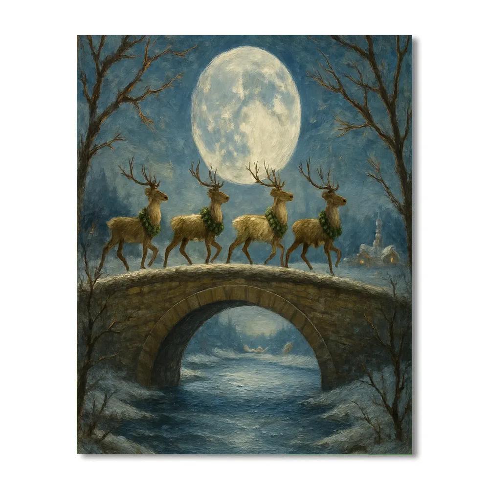 Reindeer Crossing Moonlit Bridge Paint by numbers art