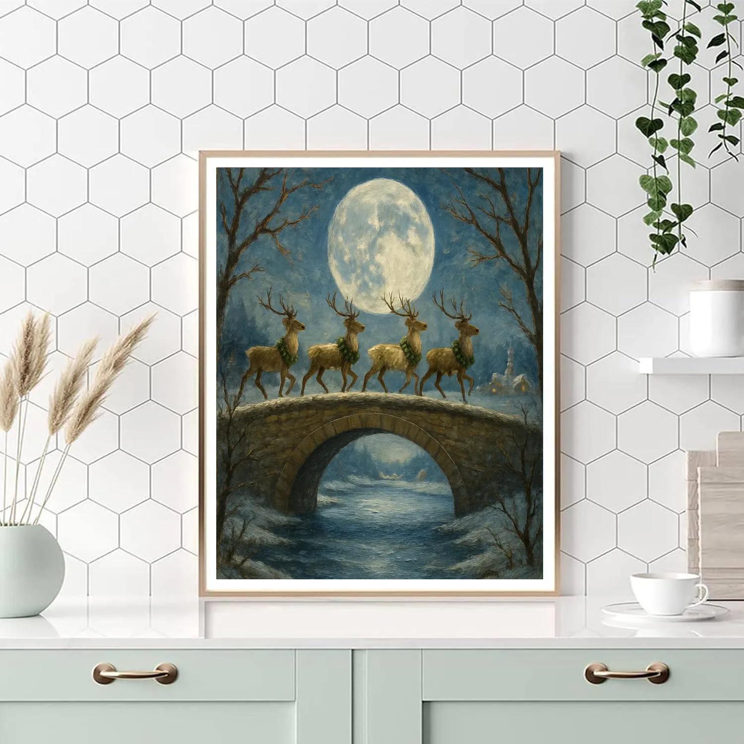 Reindeer Crossing Moonlit Bridge Paint by numbers art