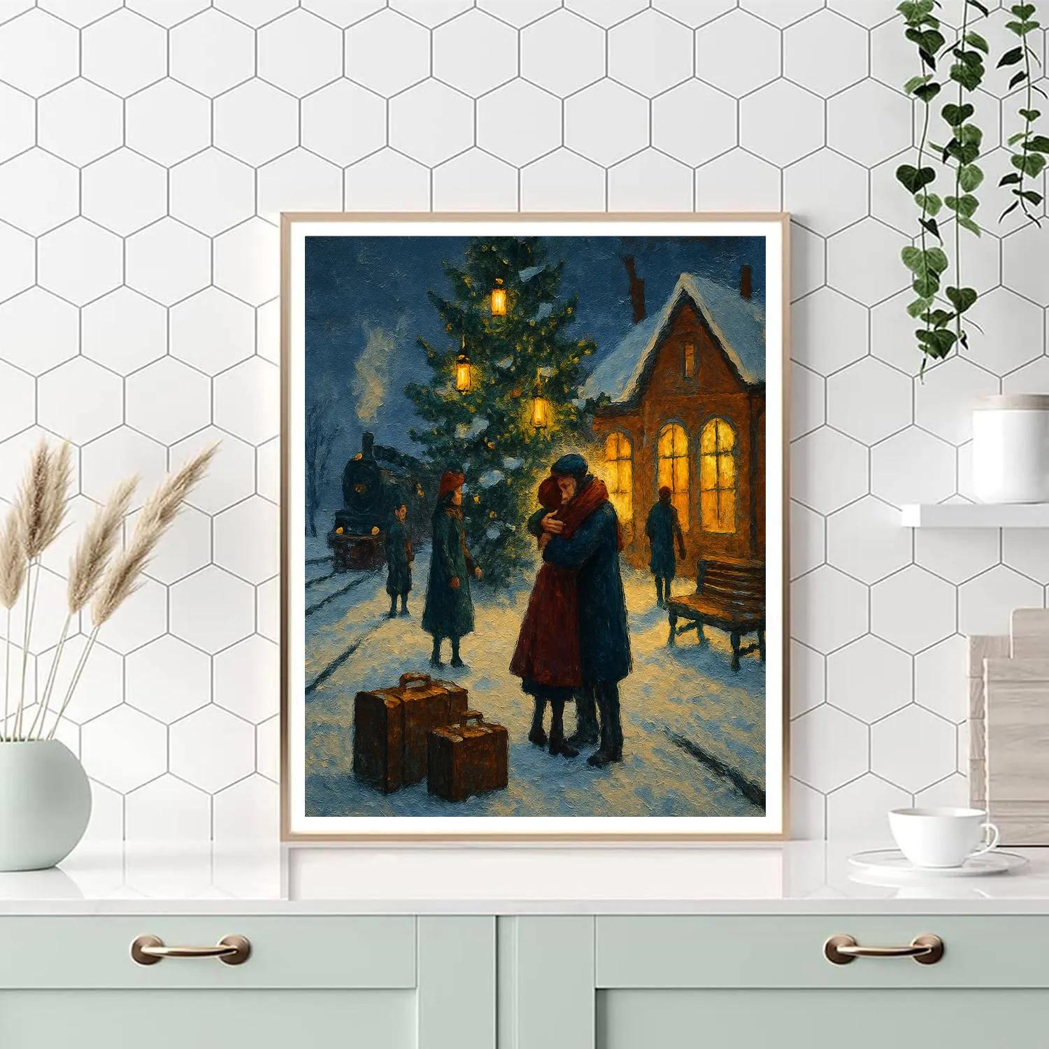 Snowbound Train Station Reunion painting number kit
