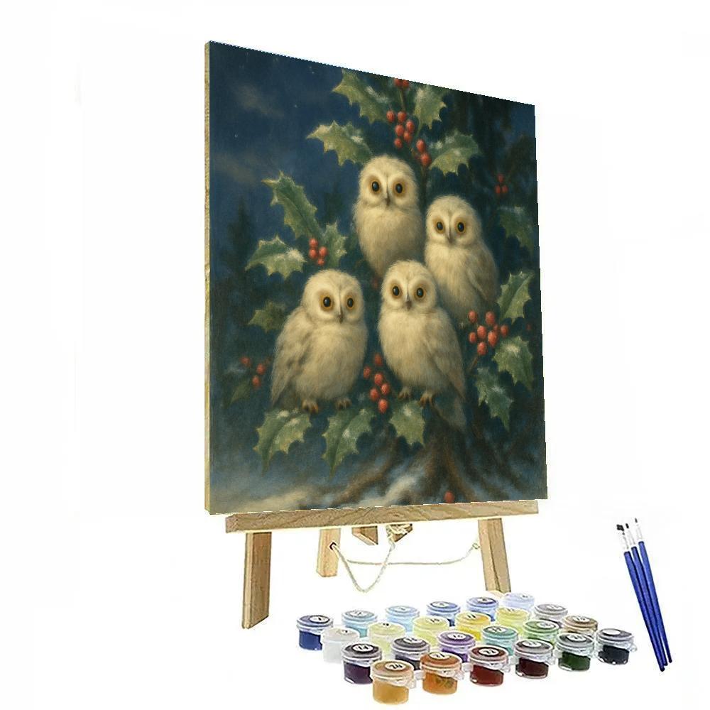 Midnight Owls In The Holly Tree Numbered painting kits