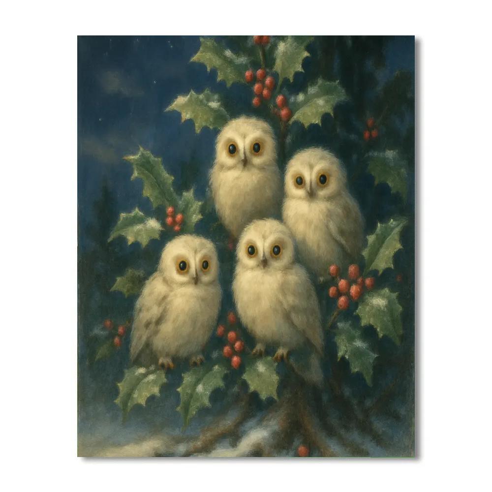 Midnight Owls In The Holly Tree Numbered painting kits