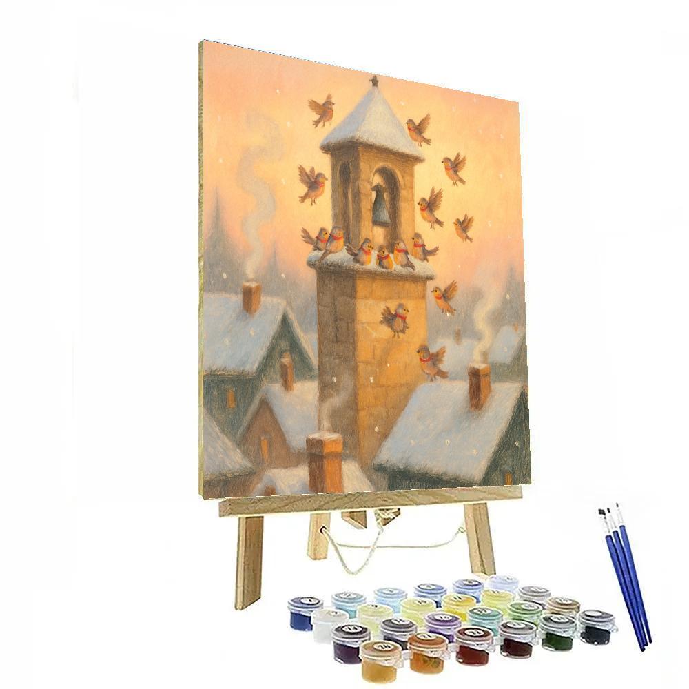Snowy Bell Tower Dawn Chorus paint by number