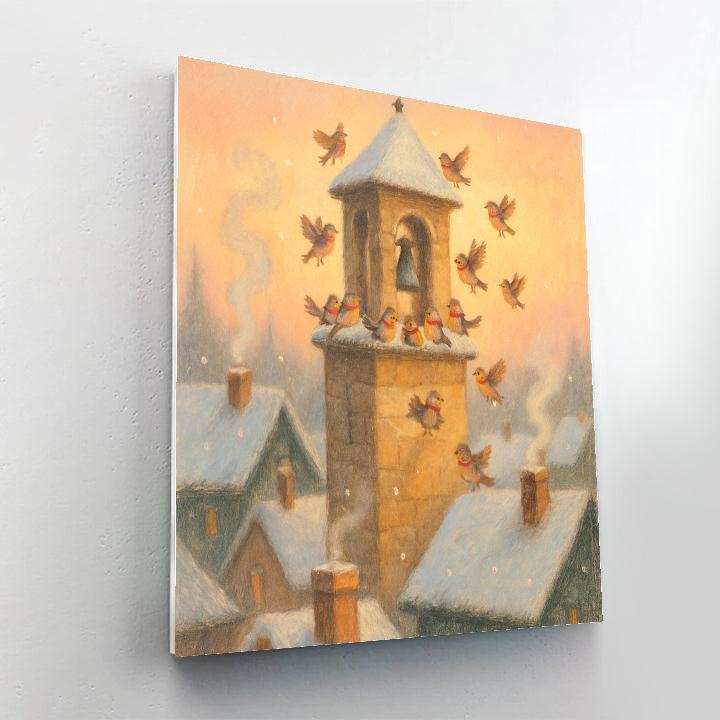 Snowy Bell Tower Dawn Chorus paint by number