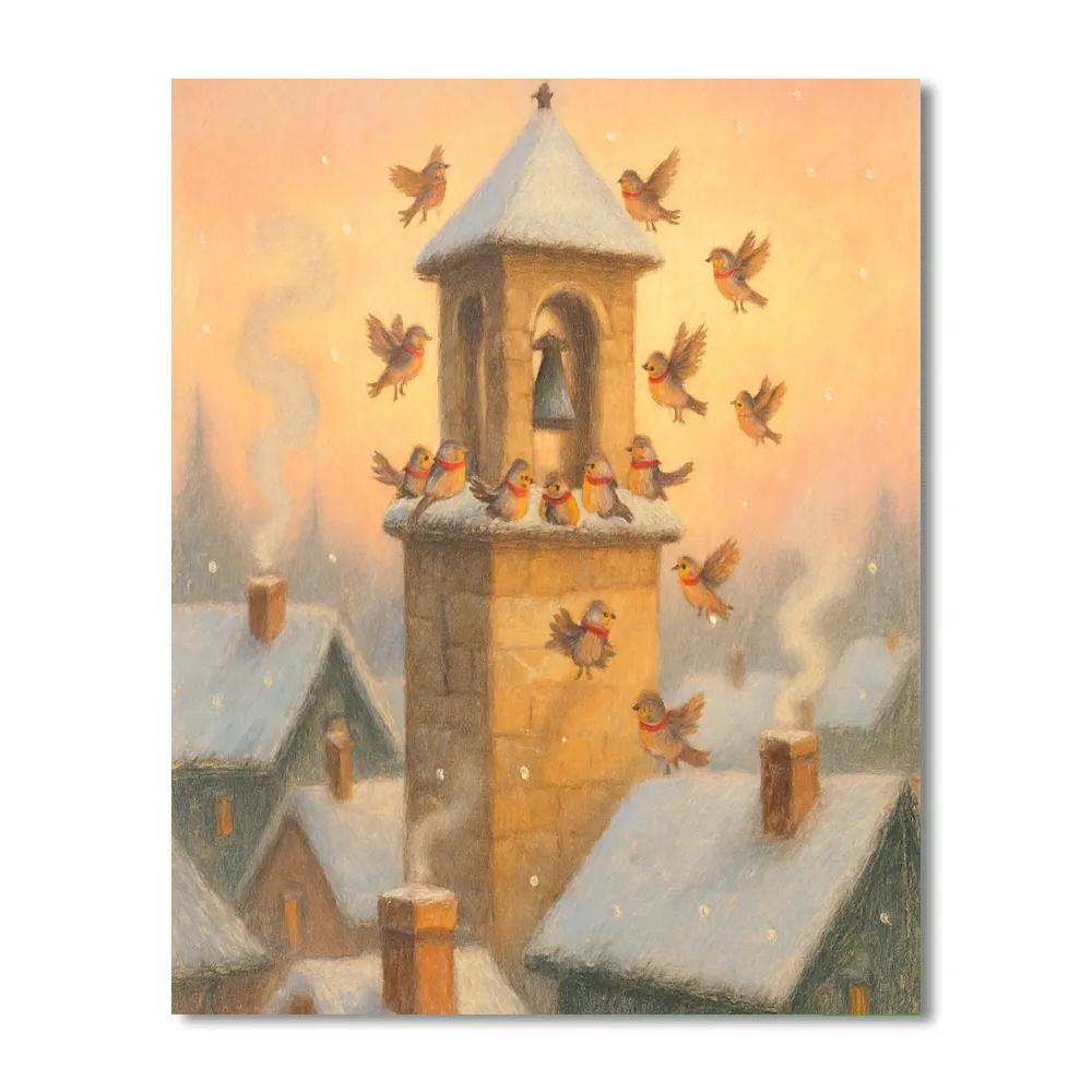 Snowy Bell Tower Dawn Chorus paint by number