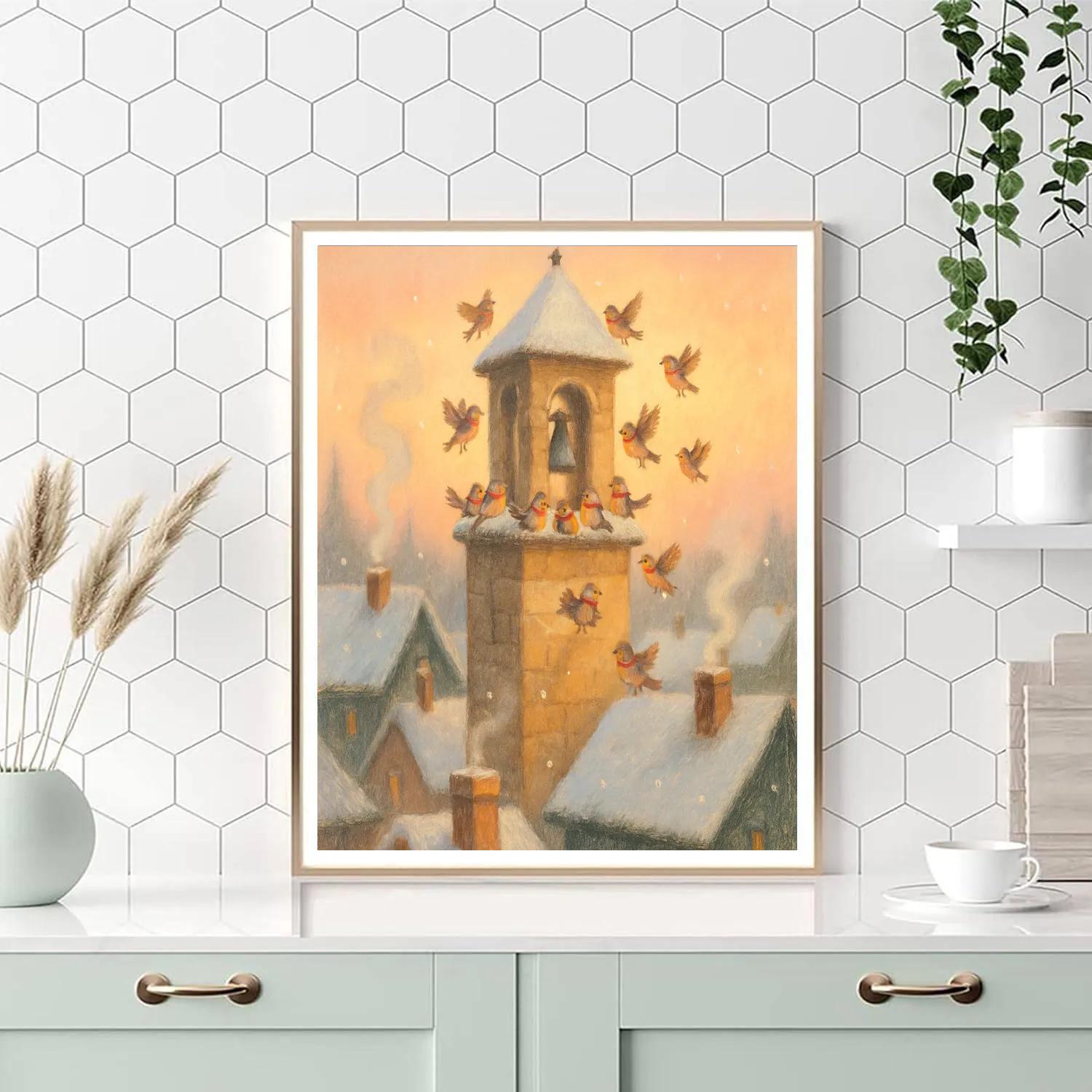 Snowy Bell Tower Dawn Chorus paint by number
