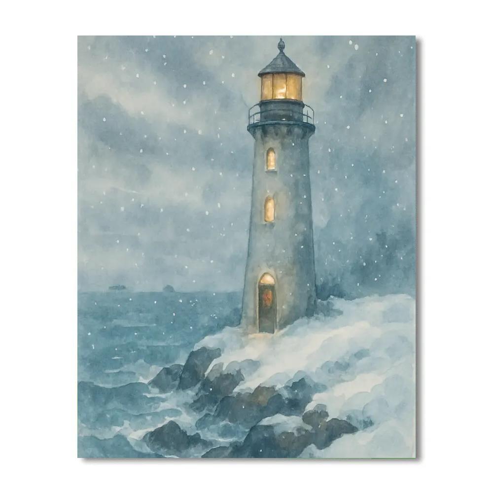 Christmas Lighthouse In The Snow Squall painting number kit