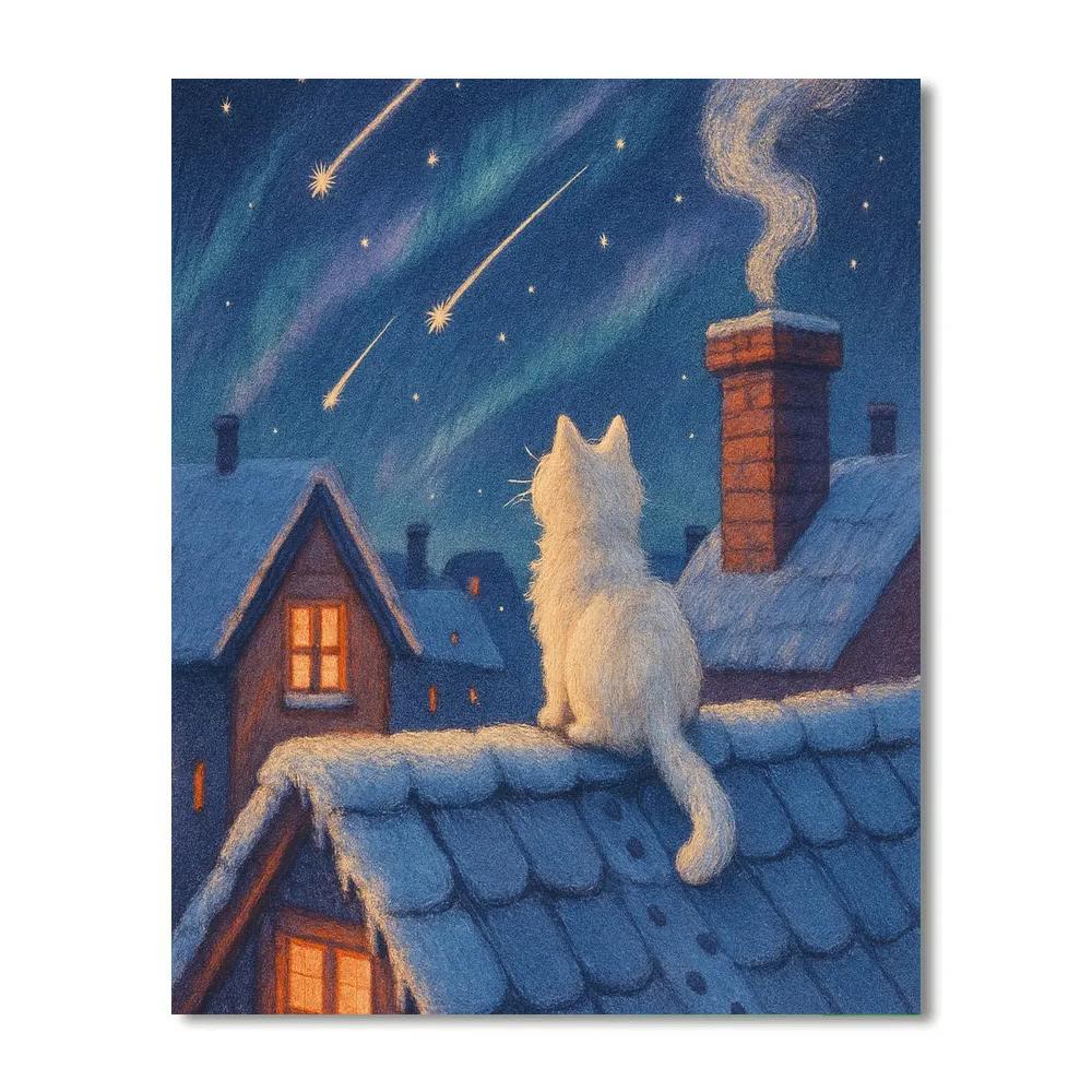 Stargazer Snow Cat On The Rooftop paint by number