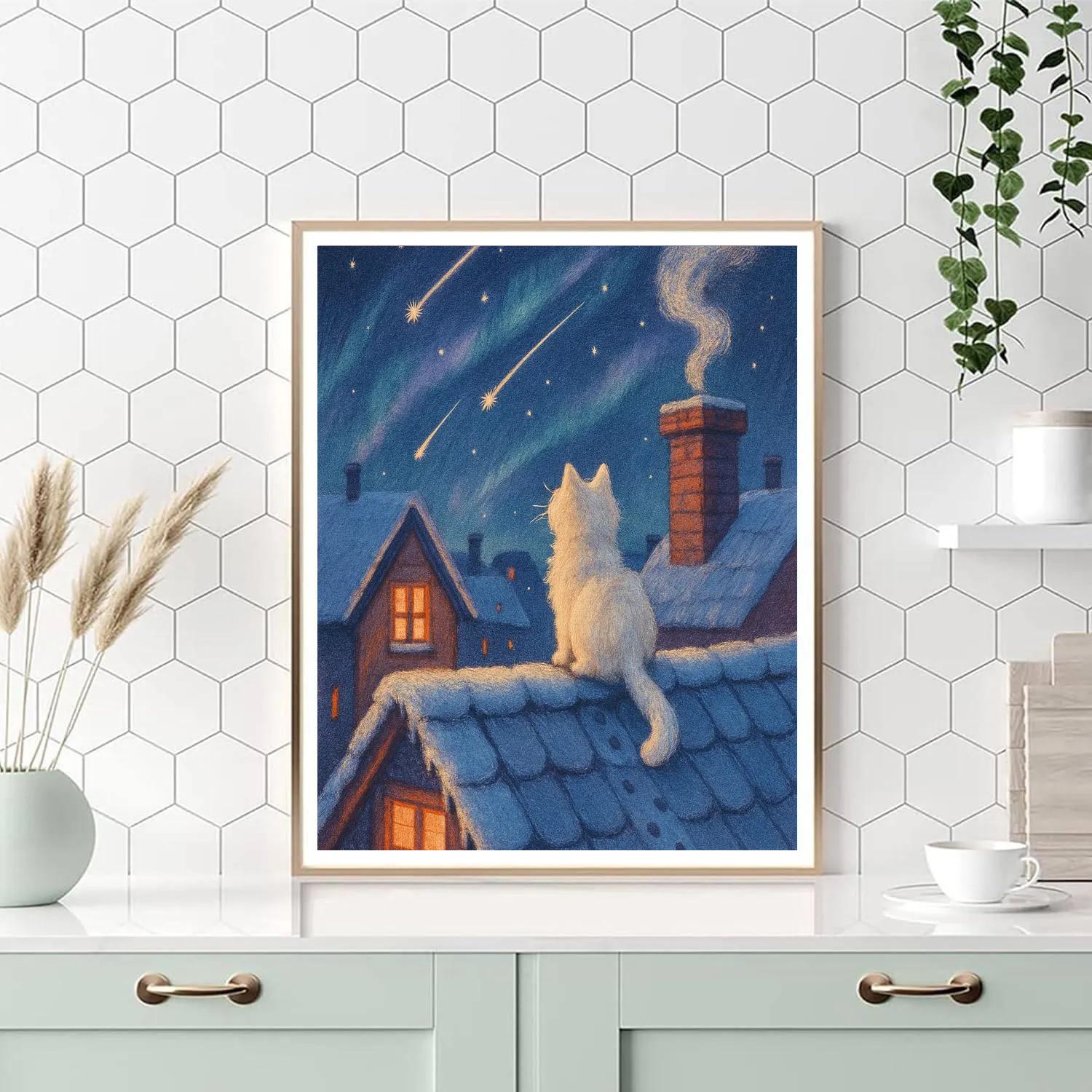 Stargazer Snow Cat On The Rooftop paint by number