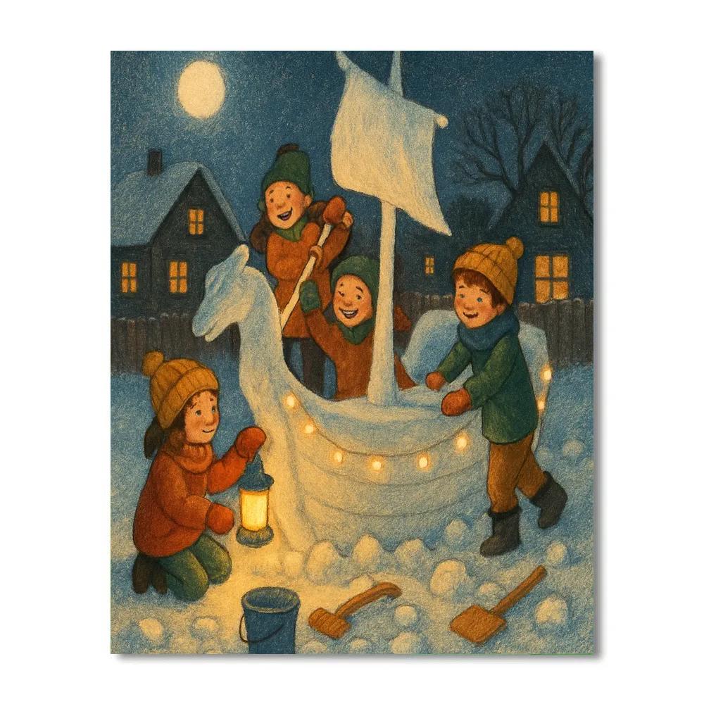 Children Building A Starlight Snow Ship paint by number
