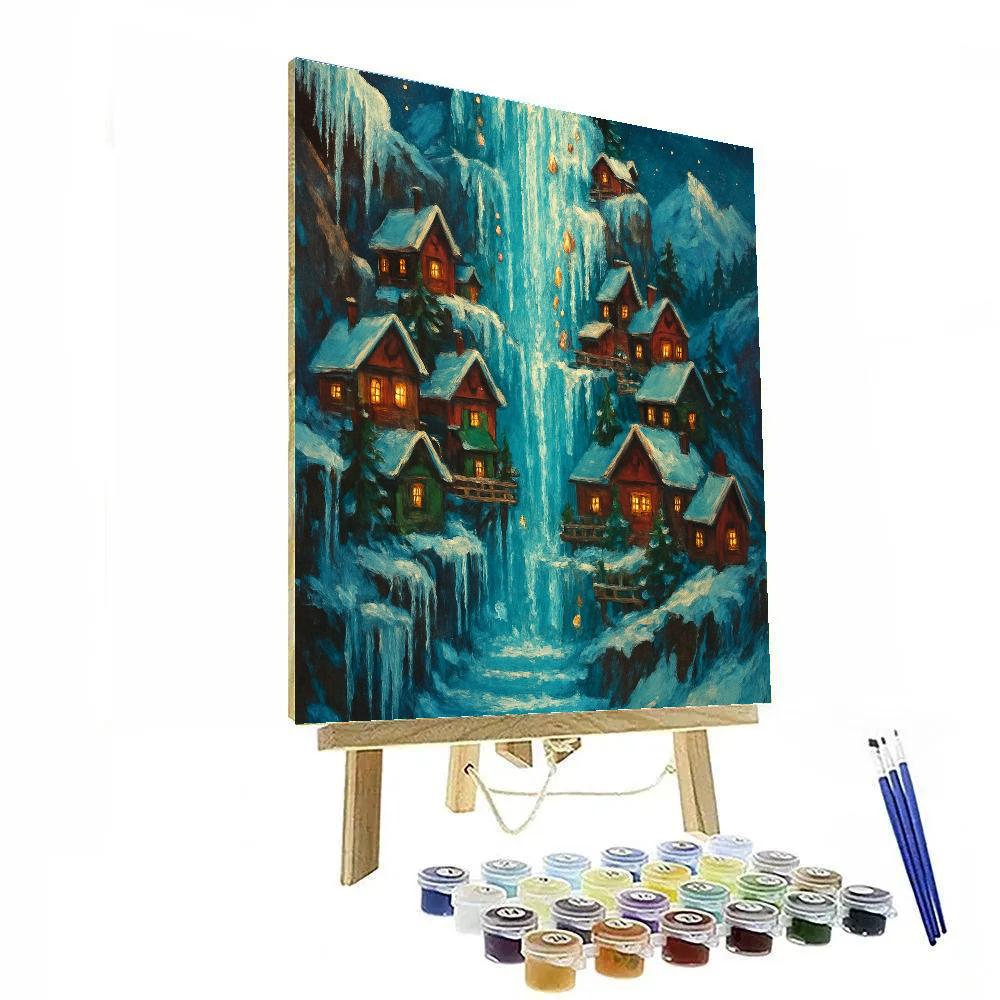 Glistening Frozen Waterfall Village paint by number