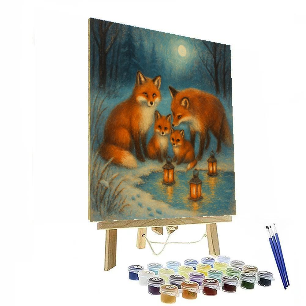 Fox Family At The Frozen Lantern Pond paint by number
