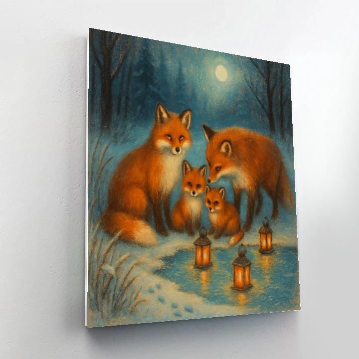 Fox Family At The Frozen Lantern Pond paint by number