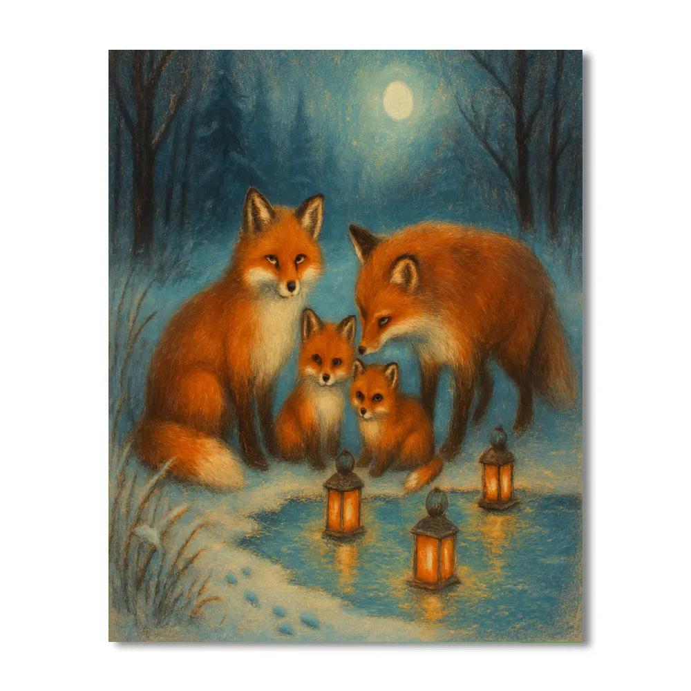 Fox Family At The Frozen Lantern Pond paint by number