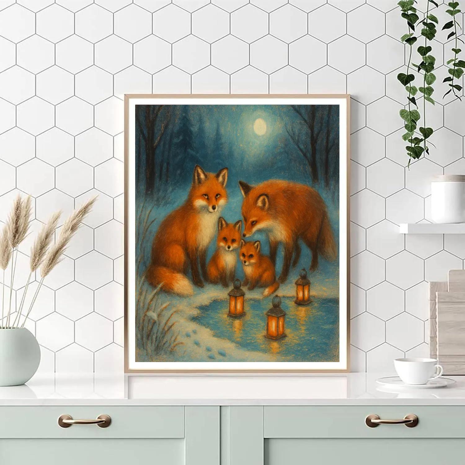 Fox Family At The Frozen Lantern Pond paint by number