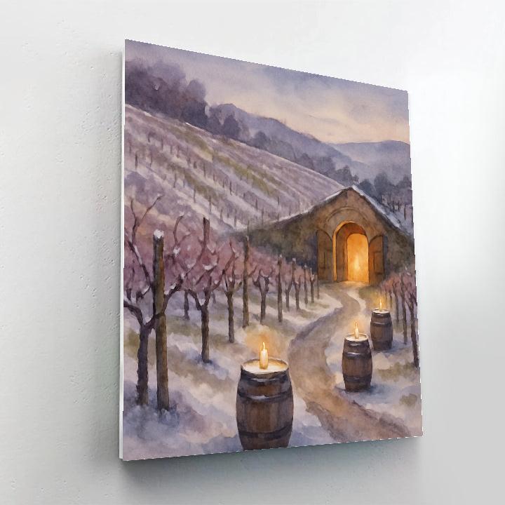 Frosty Vineyard With Candlelit Barrels Paint by numbers art