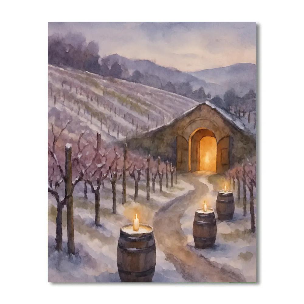 Frosty Vineyard With Candlelit Barrels Paint by numbers art
