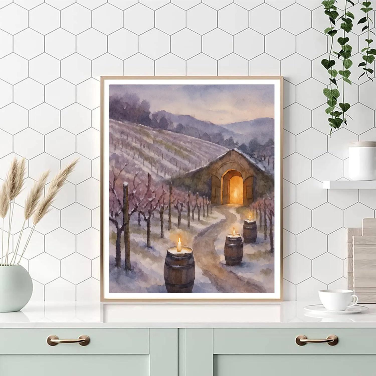 Frosty Vineyard With Candlelit Barrels Paint by numbers art