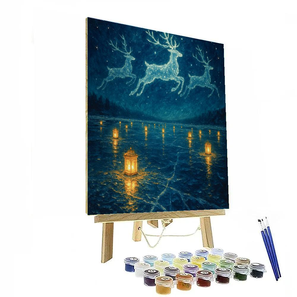 Celestial Reindeer Over The Lantern Lake Number painting