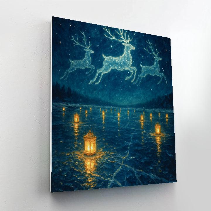 Celestial Reindeer Over The Lantern Lake Number painting