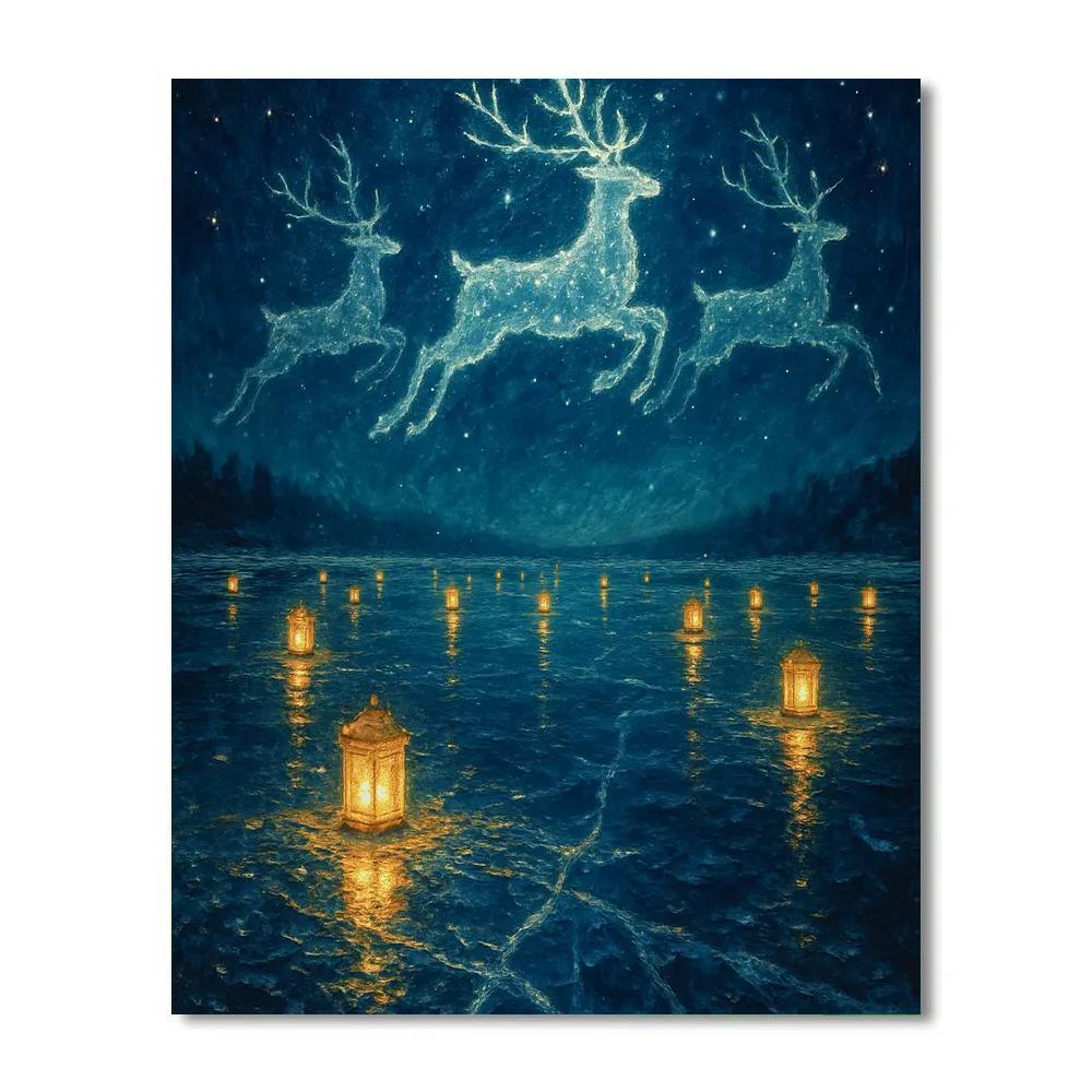 Celestial Reindeer Over The Lantern Lake Number painting