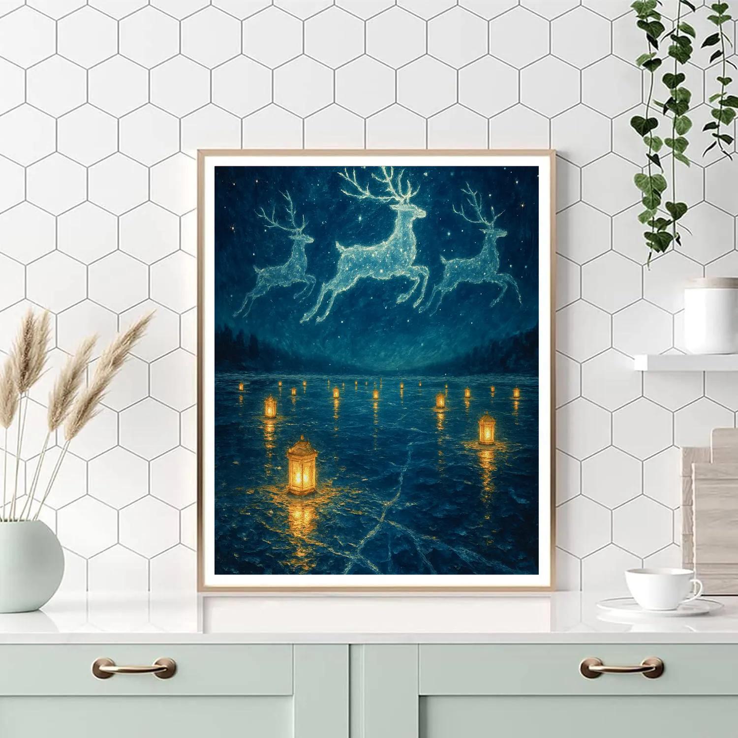 Celestial Reindeer Over The Lantern Lake Number painting