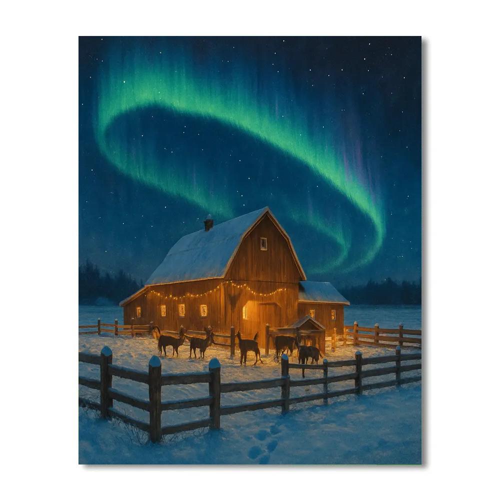Northern Lights Over The Reindeer Farm DIY paint by numbers