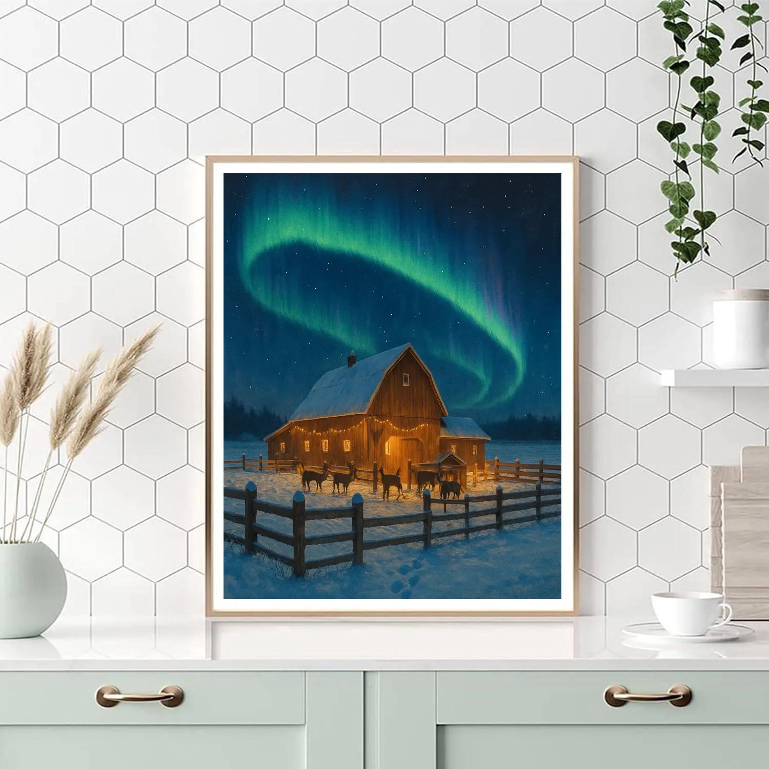 Northern Lights Over The Reindeer Farm DIY paint by numbers