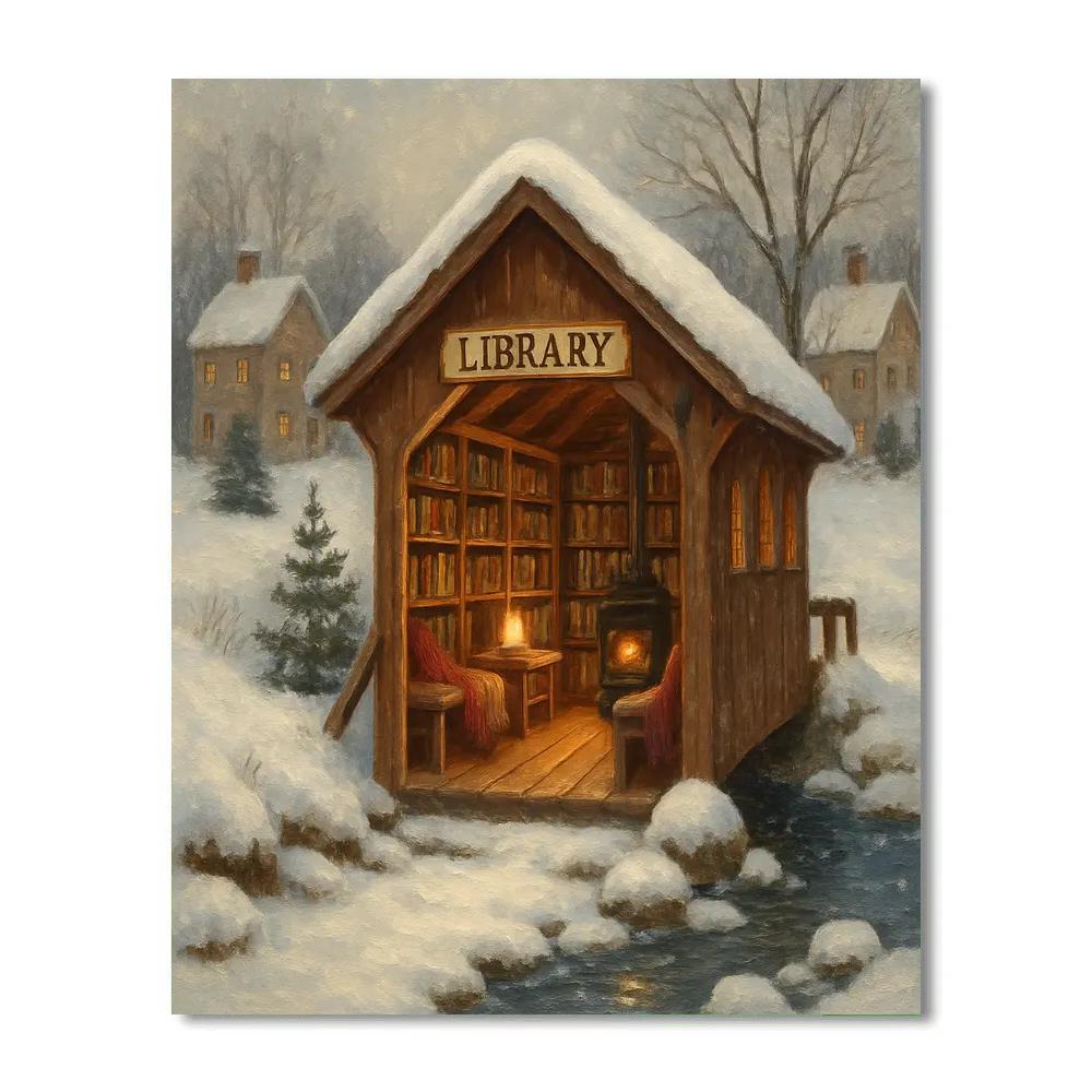 Snowy Library Bridge Over The Creek paint by numbers