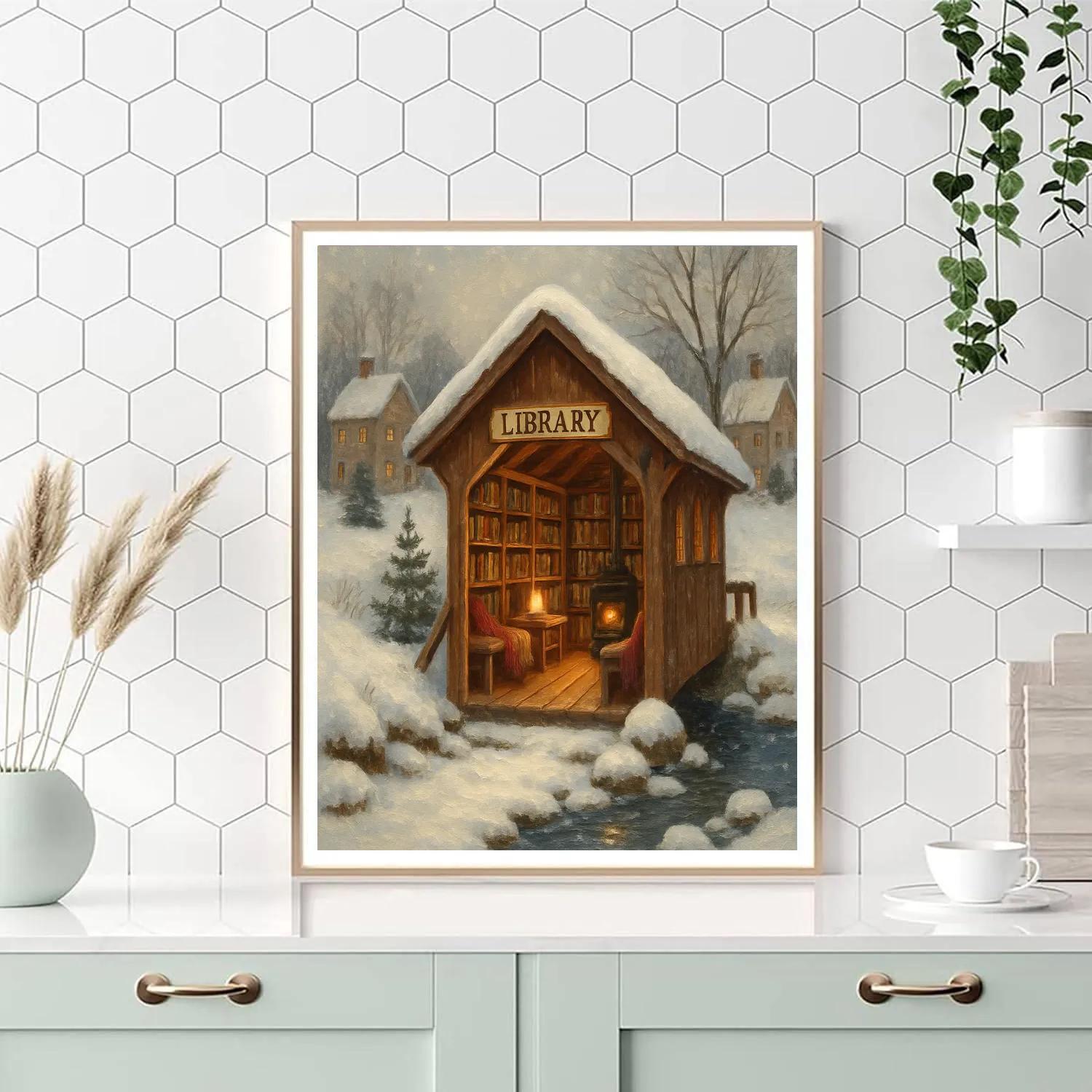 Snowy Library Bridge Over The Creek paint by numbers