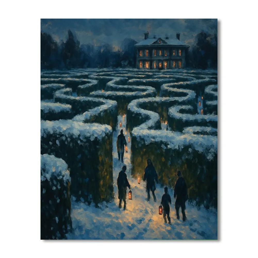 Snowfall Over The Candlelit Hedge Maze paint by color