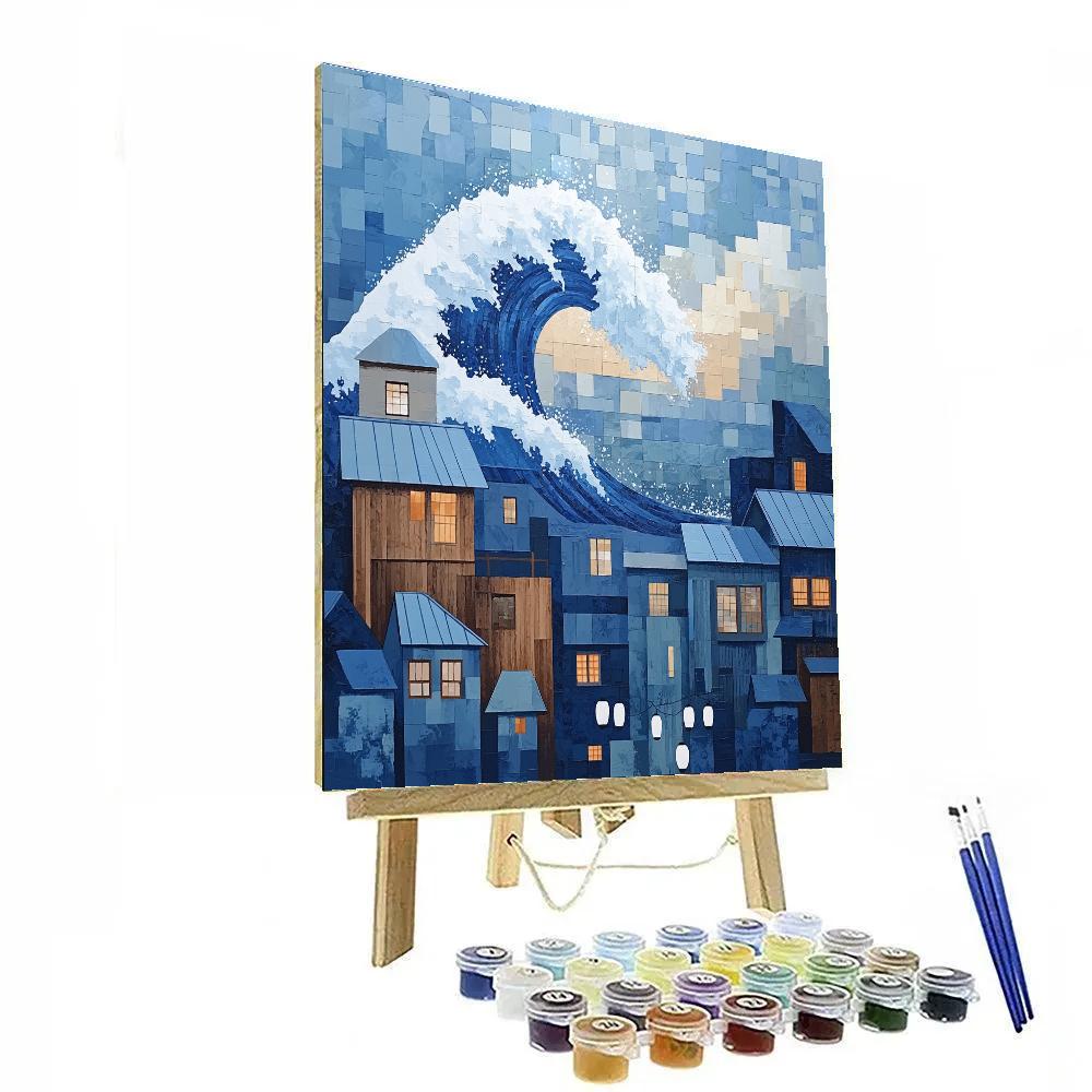 Hokusai Inspired Great Wave Over Citylights Painting by numbers kit