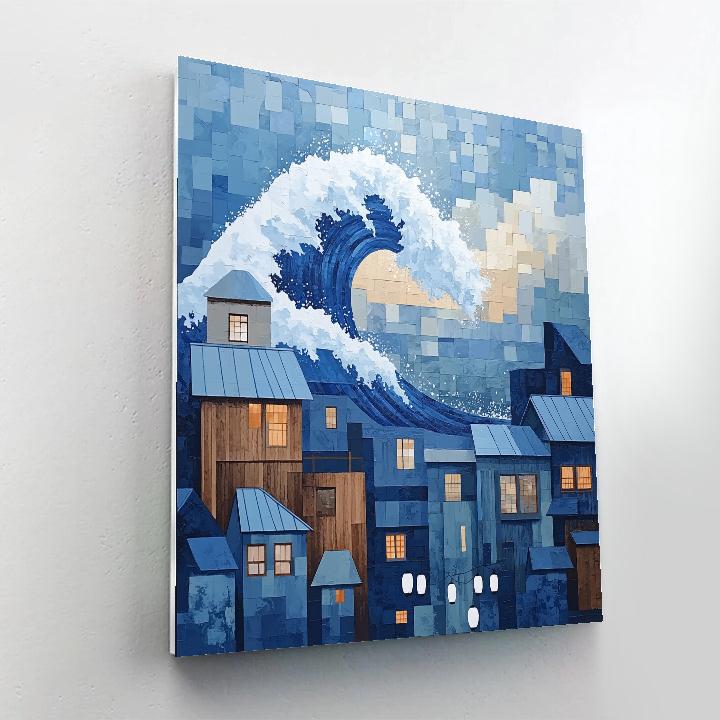 Hokusai Inspired Great Wave Over Citylights Painting by numbers kit