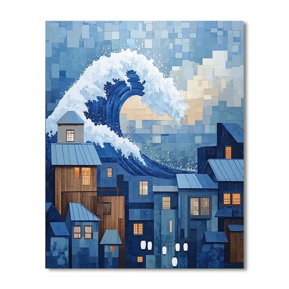 Hokusai Inspired Great Wave Over Citylights Painting by numbers kit