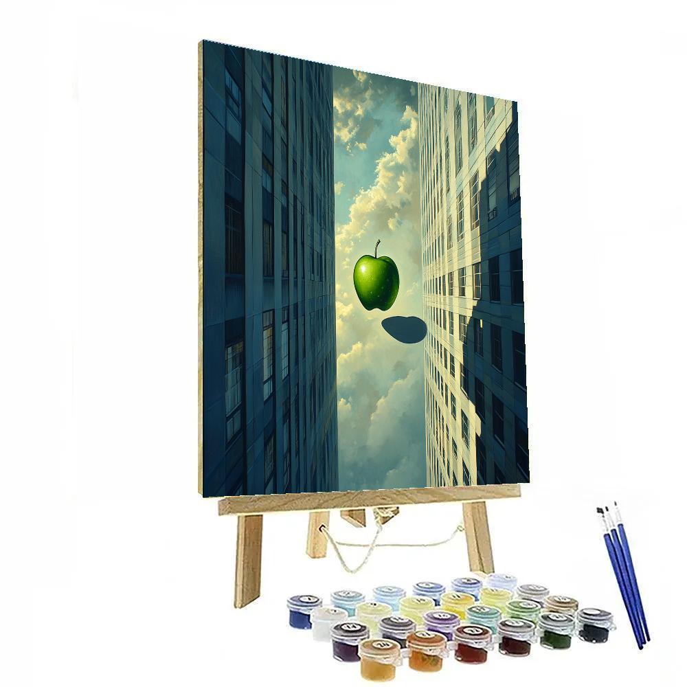 Magritte Inspired City With Floating Apple paint by number
