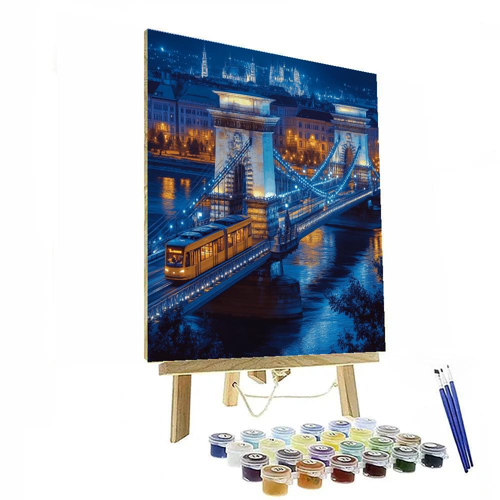 Night Tram Crossing Chain Bridge Budapest Hungary paint by numbers