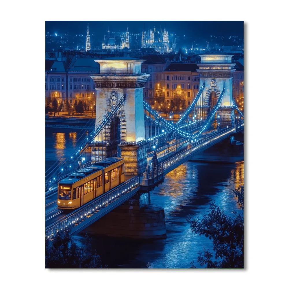 Night Tram Crossing Chain Bridge Budapest Hungary paint by numbers