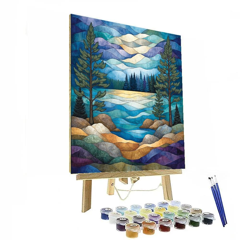 J E H MacDonald Inspired Northern Lake With Twisting Pine Silhouettes paint by number