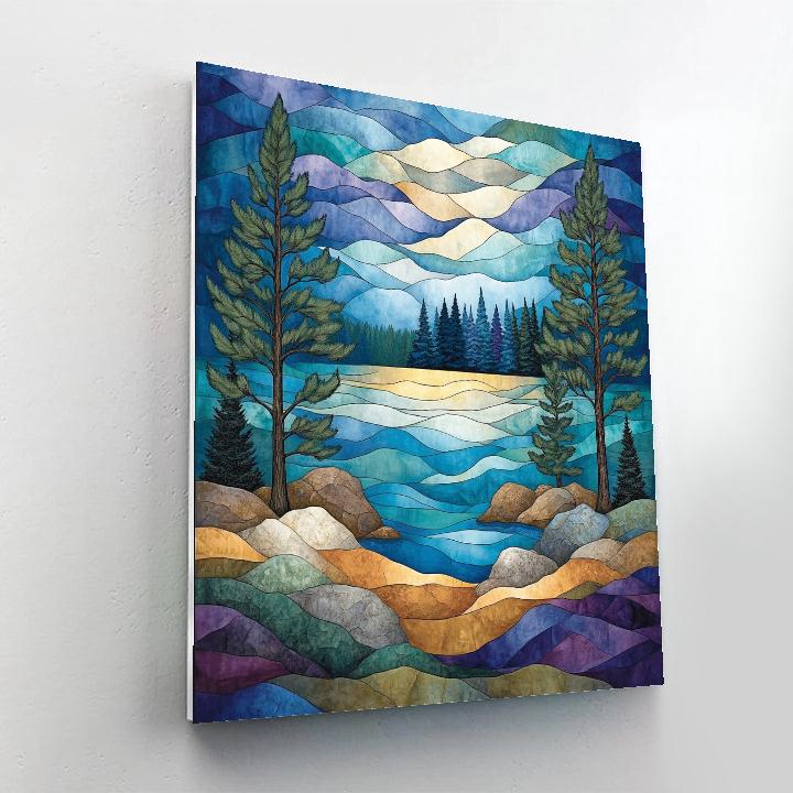 J E H MacDonald Inspired Northern Lake With Twisting Pine Silhouettes paint by number