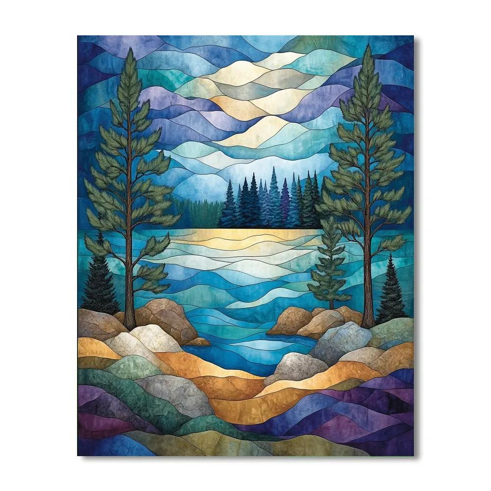 J E H MacDonald Inspired Northern Lake With Twisting Pine Silhouettes paint by number