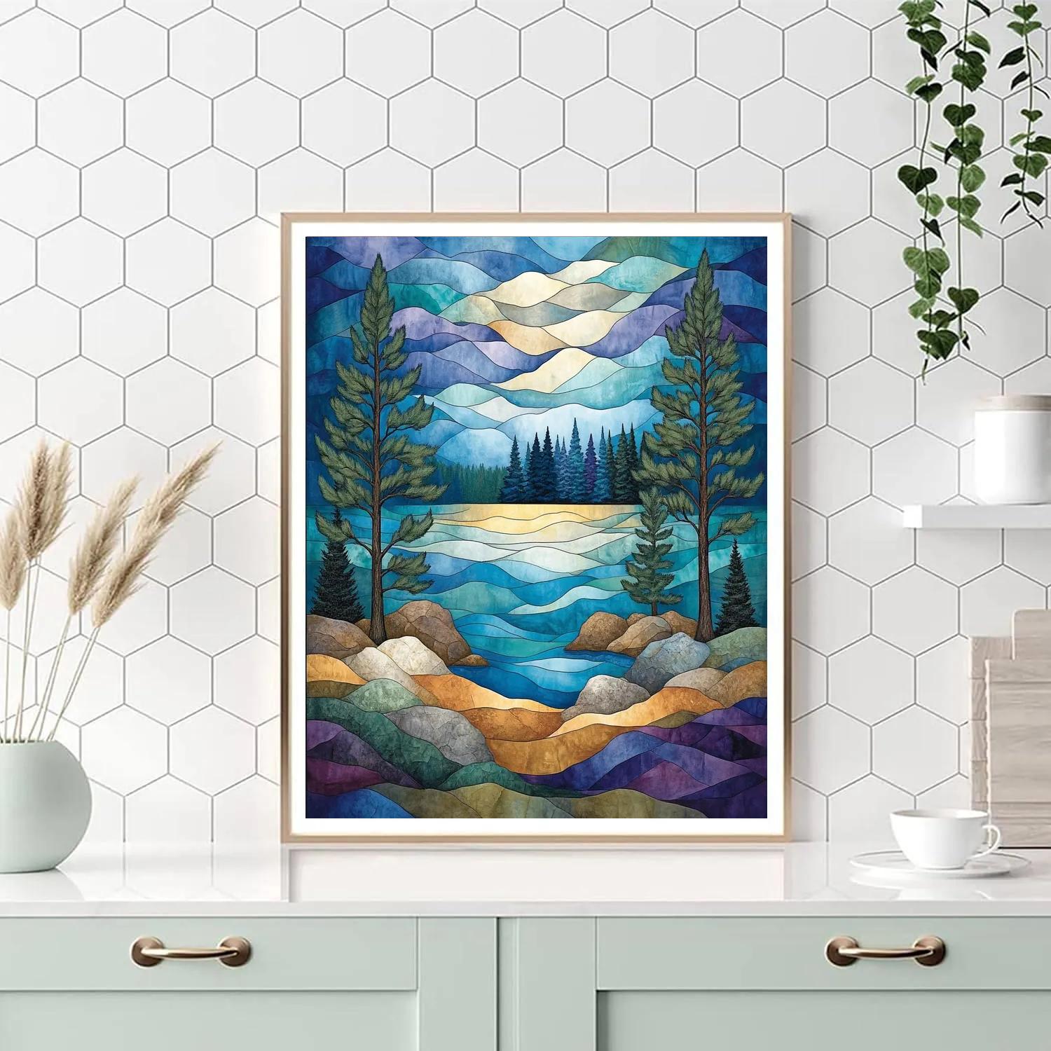 J E H MacDonald Inspired Northern Lake With Twisting Pine Silhouettes paint by number