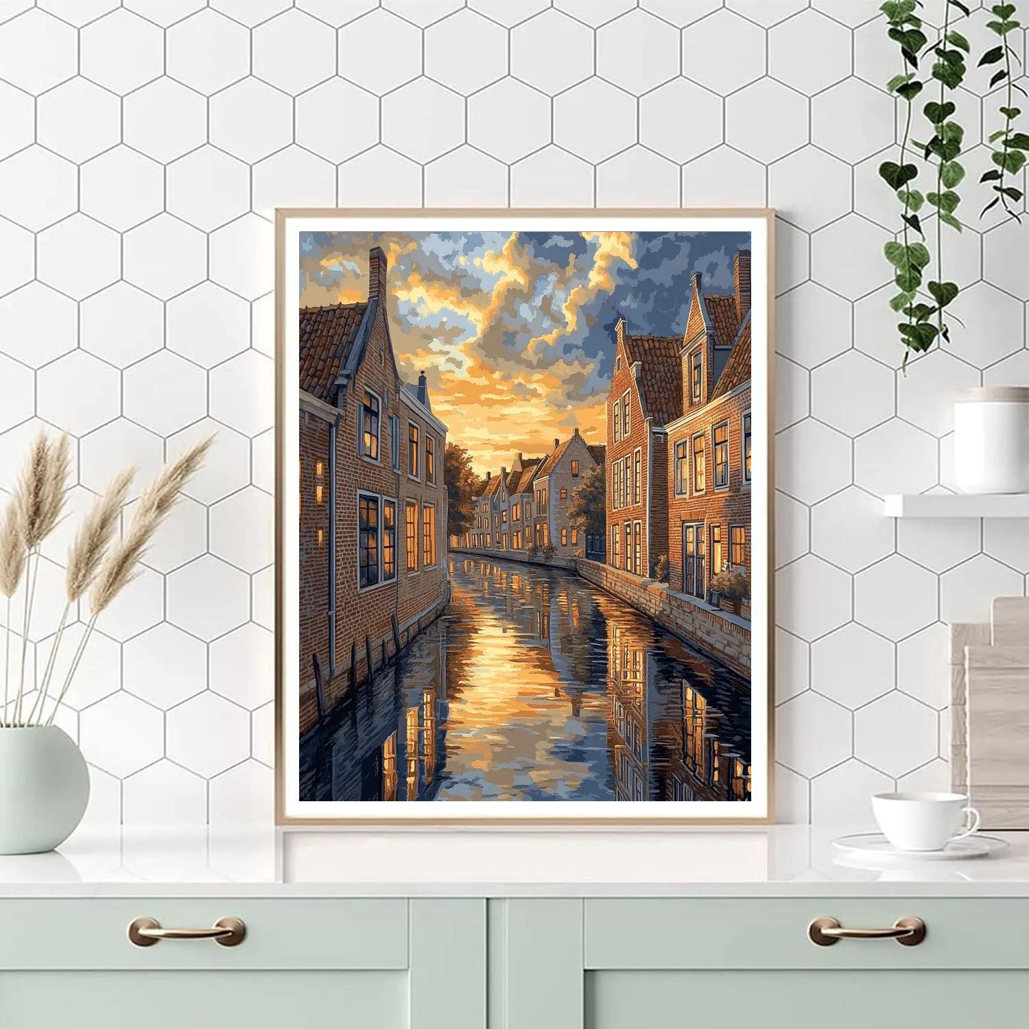 Johannes Vermeer Inspired Delft Canal Facades At Evening Glow Painting by numbers kit
