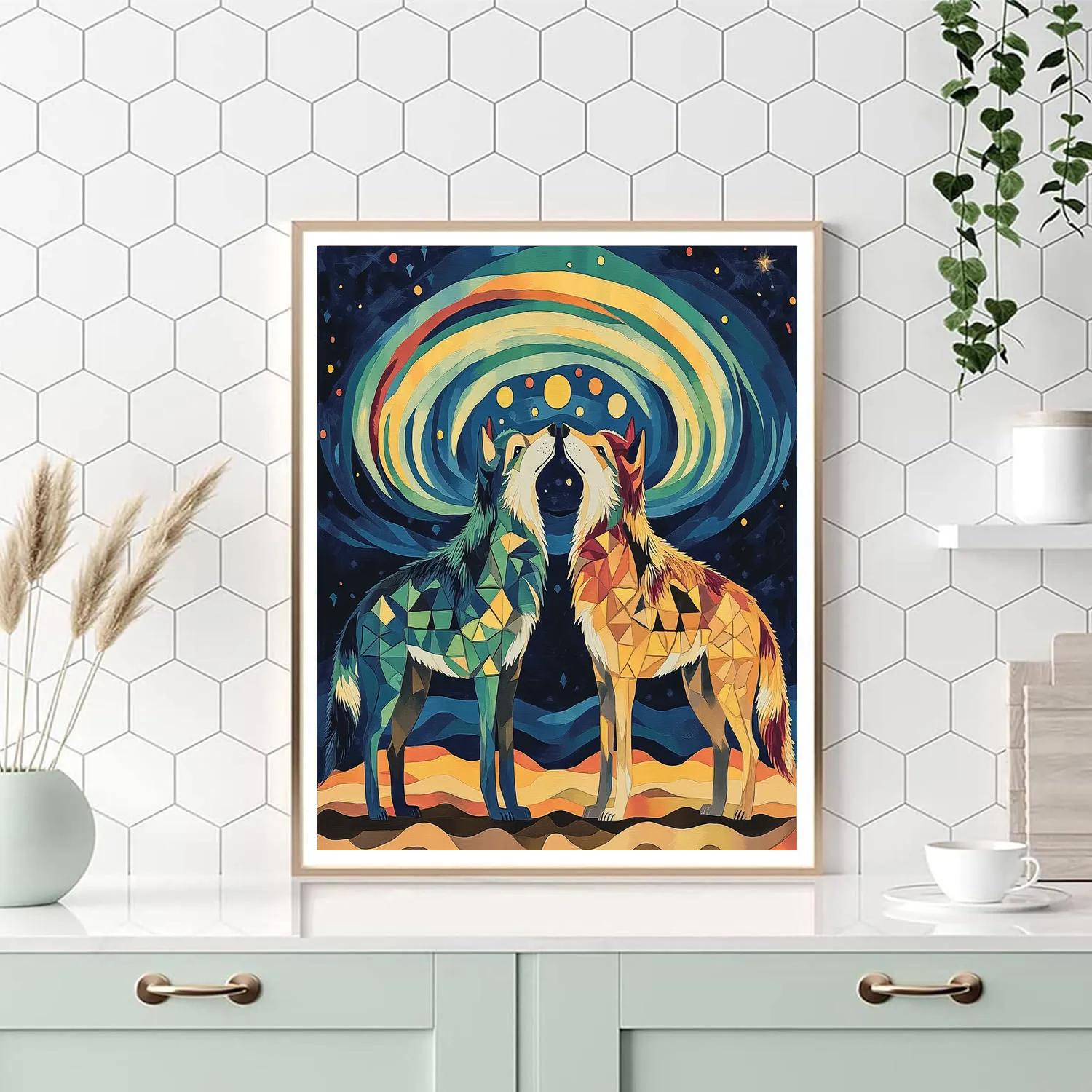 Norval Morrisseau Inspired Wolves Of The Aurora Trail Number painting