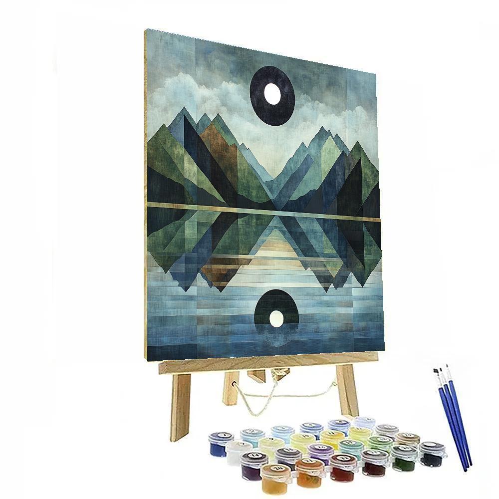 Pablo Picasso Inspired Cubist Eclipse Over Mountain Lake paint by numbers