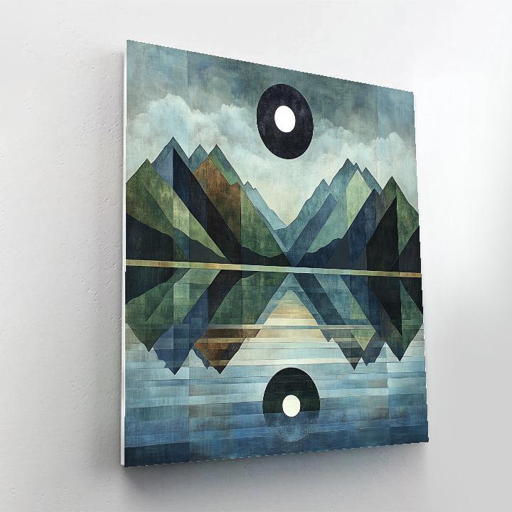 Pablo Picasso Inspired Cubist Eclipse Over Mountain Lake paint by numbers