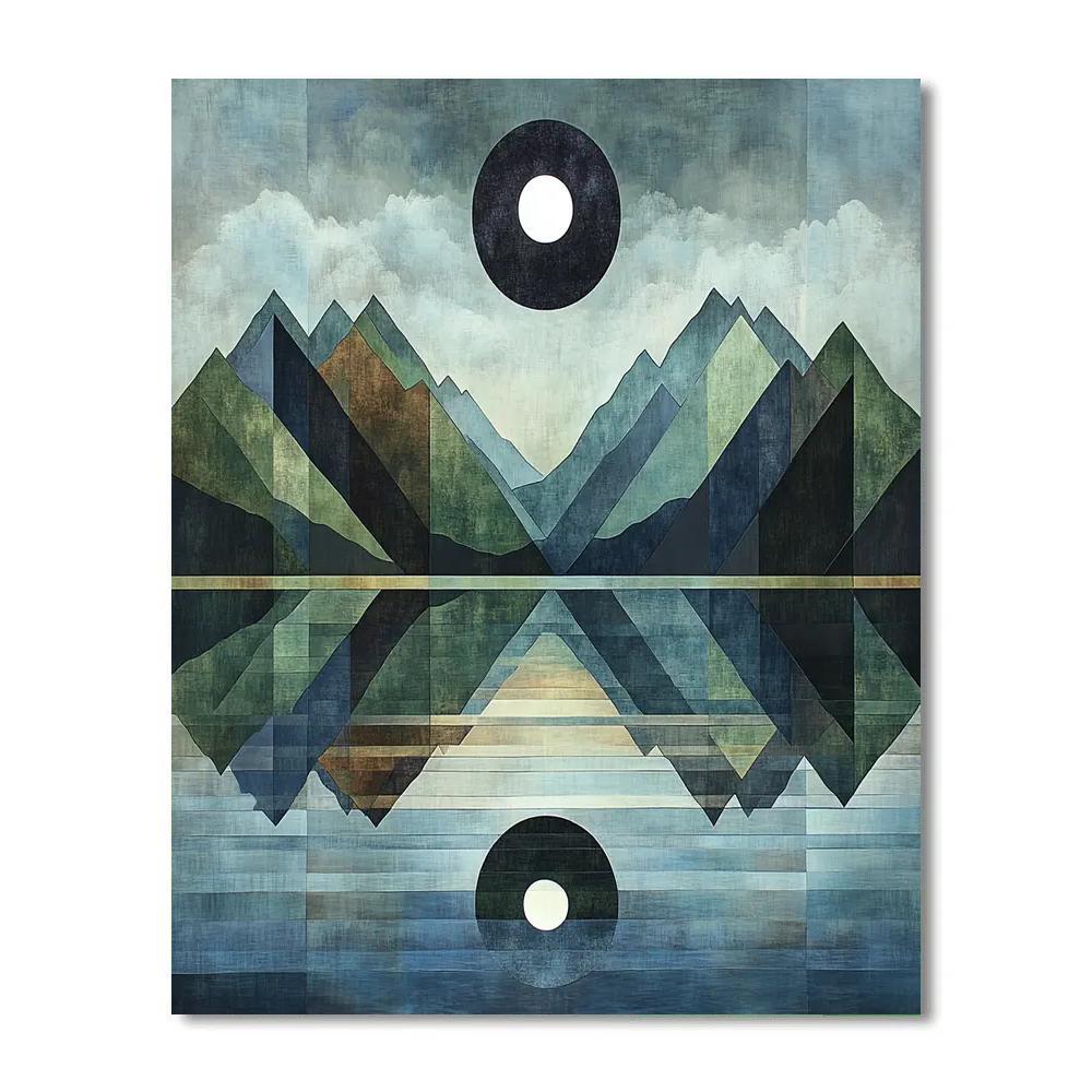 Pablo Picasso Inspired Cubist Eclipse Over Mountain Lake paint by numbers