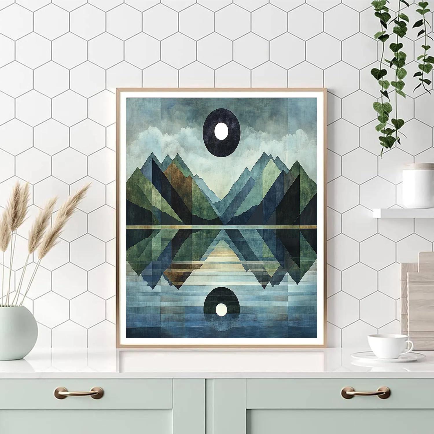 Pablo Picasso Inspired Cubist Eclipse Over Mountain Lake paint by numbers